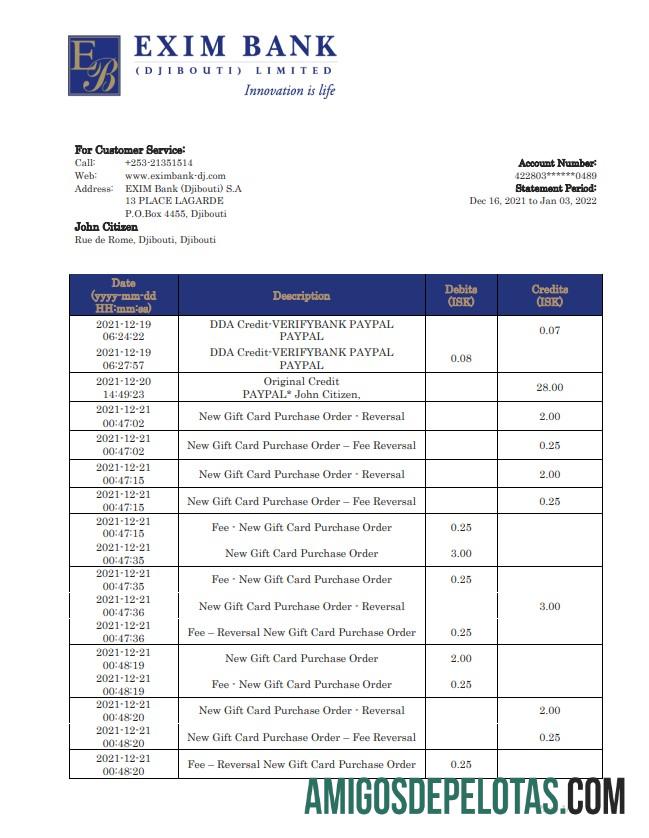 Djibouti Exim modelo de extrato bancário